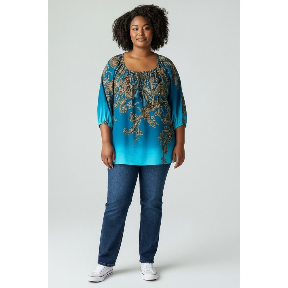 Boho Susan Graver Paisley Ombre‎ Peasant Top 22W Teal Blue